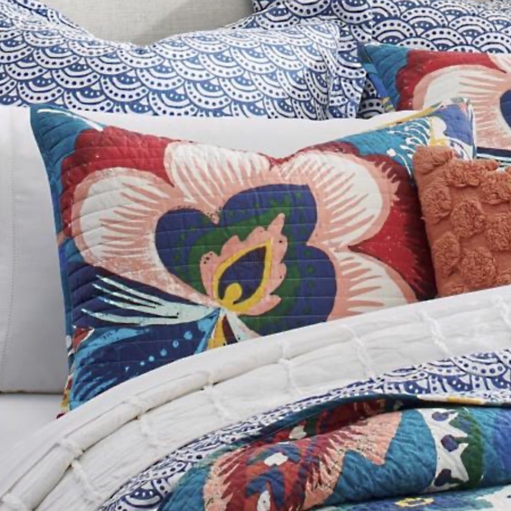 NWT Set of 2 Grandin Road Leena Sham Floral Bright Boho Quilted